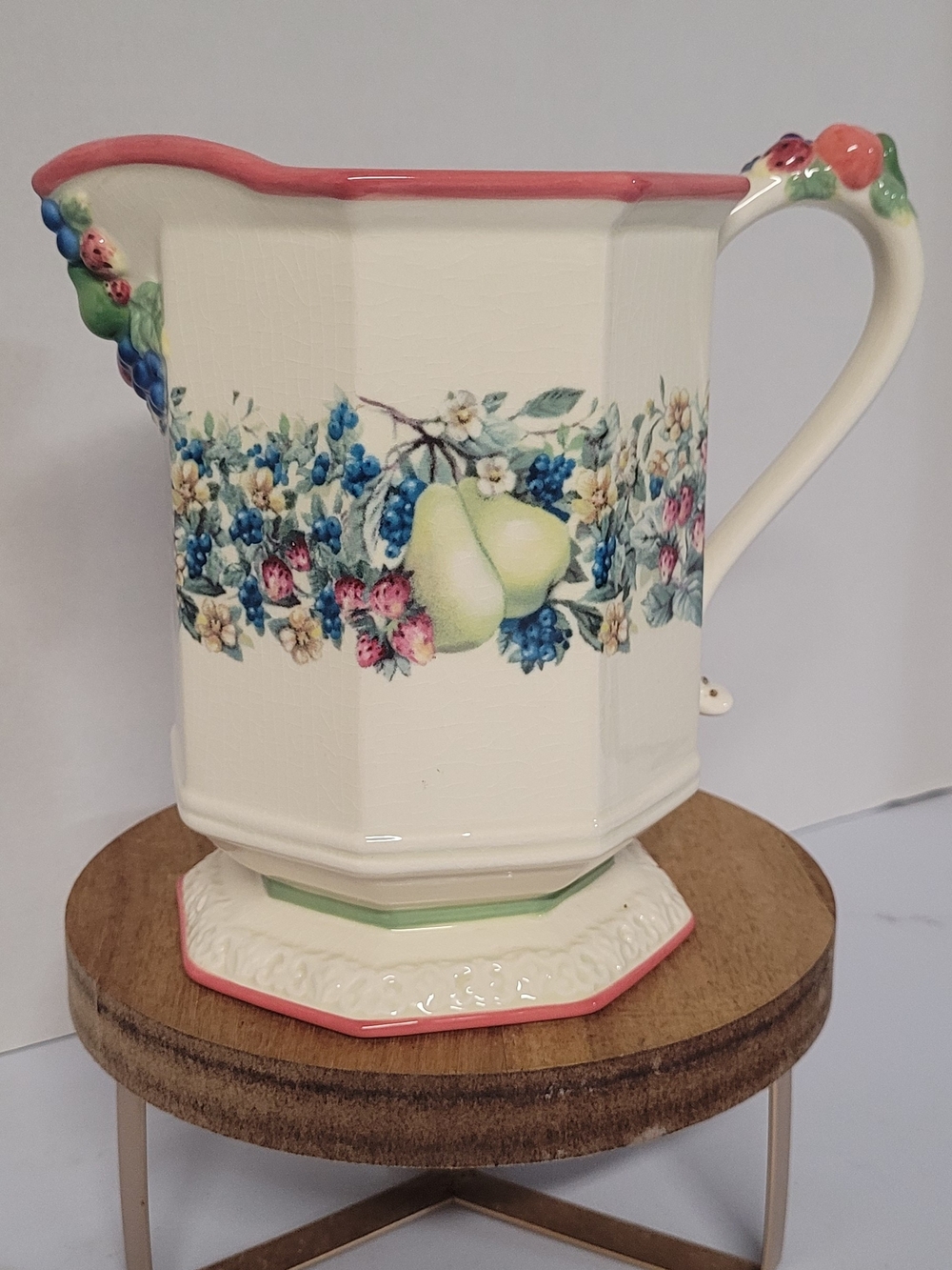 Vintage Avon Floral and Fruit Ceramic Pitcher in Cream and Pink